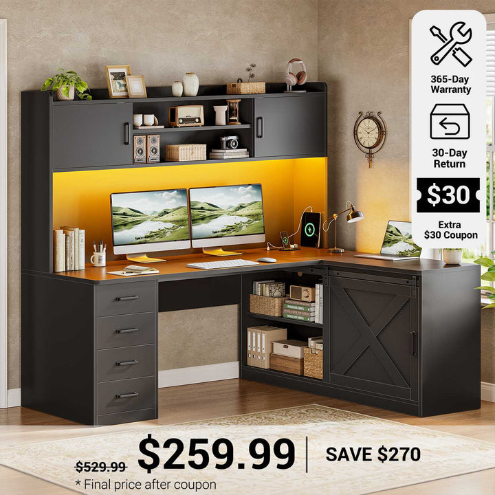 SEDETA® 55 Inch Corner Gaming Desk with LED Light Computer Desk with Storage Shelves and Power Outlet Farmhouse L Shaped Office Desk with Drawers and Hutch
