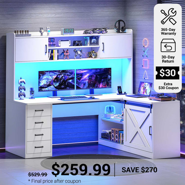 SEDETA® 55 Inch Corner Gaming Desk with LED Light Computer Desk with Storage Shelves and Power Outlet Farmhouse L Shaped Office Desk with Drawers and Hutch