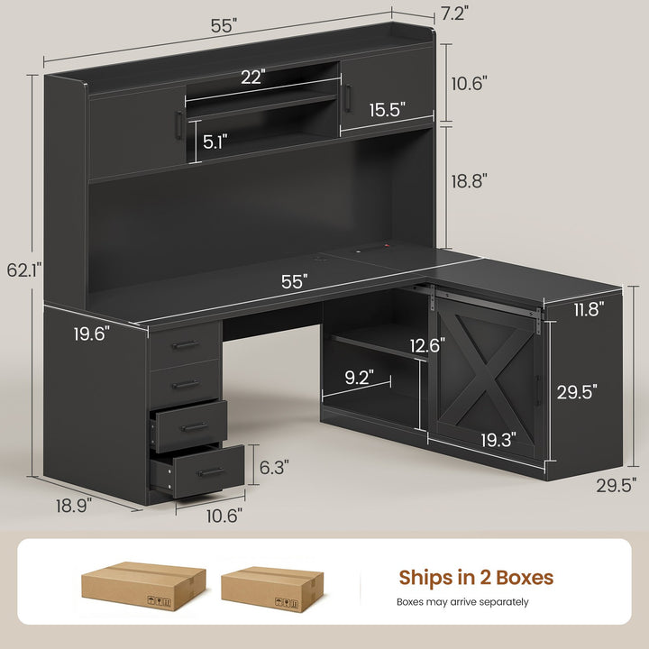 SEDETA® 55 Inch Corner Gaming Desk with LED Light Computer Desk with Storage Shelves and Power Outlet Farmhouse L Shaped Office Desk with Drawers and Hutch