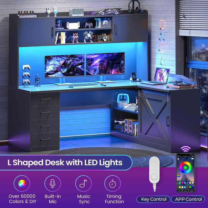 SEDETA® 55 Inch Corner Gaming Desk with LED Light Computer Desk with Storage Shelves and Power Outlet Farmhouse L Shaped Office Desk with Drawers and Hutch