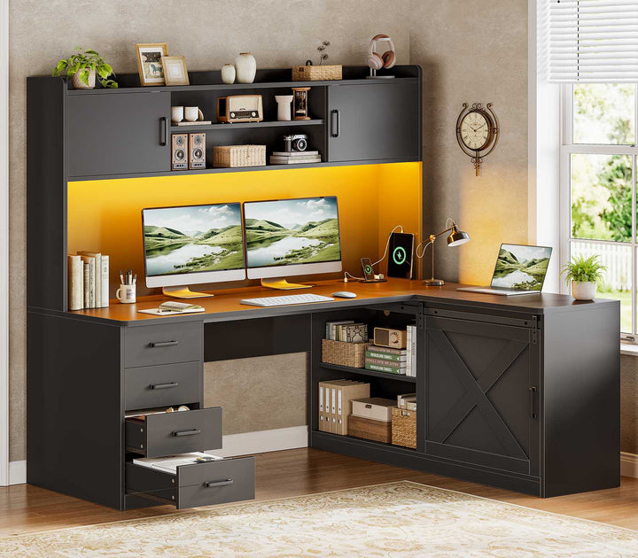 SEDETA® 55 Inch Corner Gaming Desk with LED Light Computer Desk with Storage Shelves and Power Outlet Farmhouse L Shaped Office Desk with Drawers and Hutch