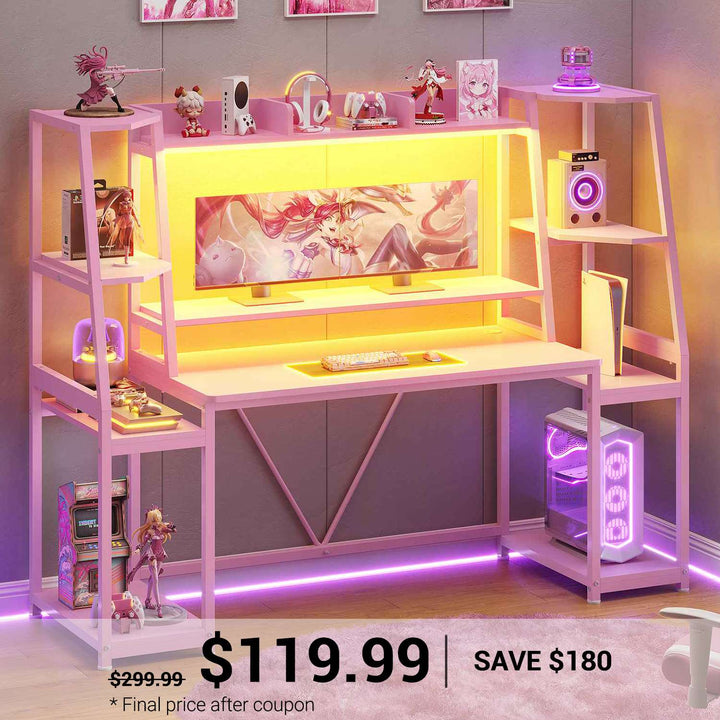 SEDETA | 65.7 Inch LED Gaming Desk Workstation with Storage Shelves for PC Gamers