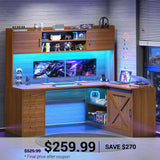 SEDETA | 55 Inch L Shaped Office Desk with Drawers and Hutch Gaming Desk with LED Light Computer Desk with Storage Shelves and Power Outlet
