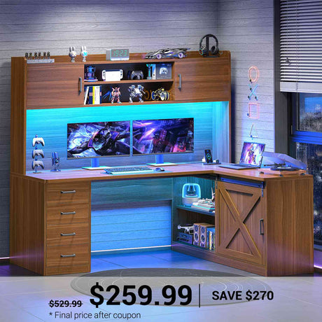 SEDETA | 55 Inch L Shaped Office Desk with Drawers and Hutch Gaming Desk with LED Light Computer Desk with Storage Shelves and Power Outlet