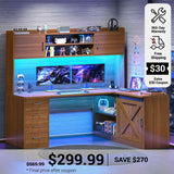 SEDETA 55 Inch L Shaped Gaming Desk Computer Desk with Storage Drawers and Hutch Farmhouse Corner Gaming Desk with LED Light and Power Outlet for Home Office