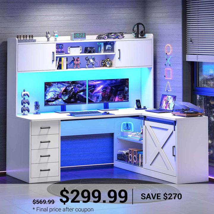 SEDETA 55 Inch L Shaped Gaming Desk Computer Desk with Storage Drawers and Hutch Farmhouse Corner Gaming Desk with LED Light and Power Outlet for Home Office