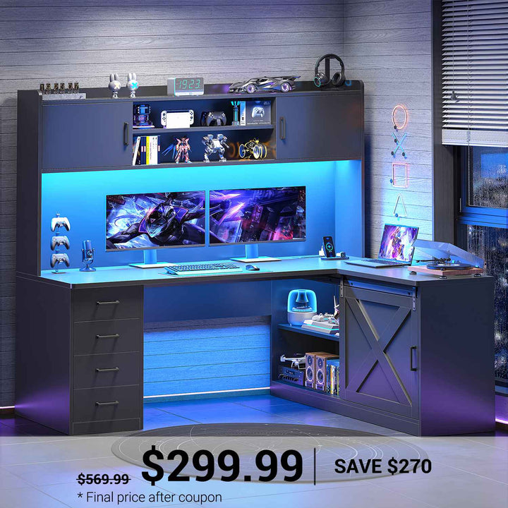 SEDETA 55 Inch L Shaped Gaming Desk Computer Desk with Storage Drawers and Hutch Farmhouse Corner Gaming Desk with LED Light and Power Outlet for Home Office