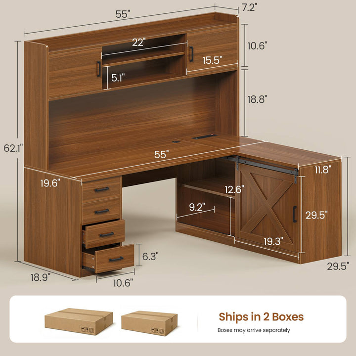 SEDETA® 55 Inch Corner Gaming Desk with LED Light Computer Desk with Storage Shelves and Power Outlet Farmhouse L Shaped Office Desk with Drawers and Hutch