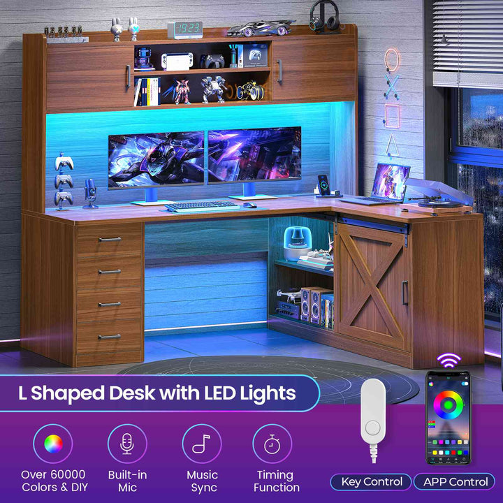 SEDETA® 55 Inch Corner Gaming Desk with LED Light Computer Desk with Storage Shelves and Power Outlet Farmhouse L Shaped Office Desk with Drawers and Hutch