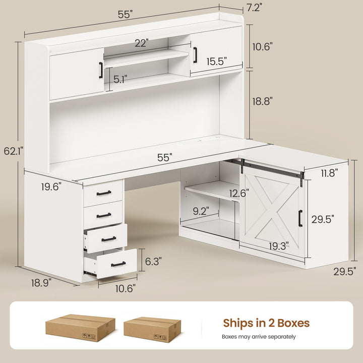 SEDETA® 55 Inch Corner Gaming Desk with LED Light Computer Desk with Storage Shelves and Power Outlet Farmhouse L Shaped Office Desk with Drawers and Hutch
