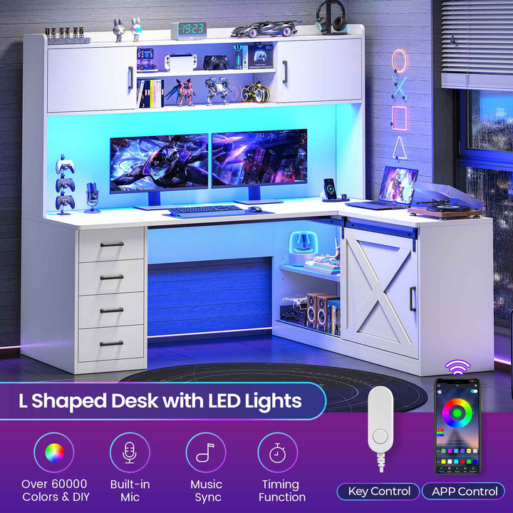 SEDETA® 55 Inch Corner Gaming Desk with LED Light Computer Desk with Storage Shelves and Power Outlet Farmhouse L Shaped Office Desk with Drawers and Hutch