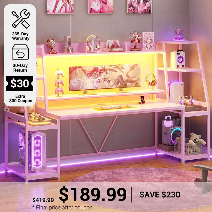 SEDETA 78.8 Inch Gaming Desk  with LED Lights Hutch Storage Shelves