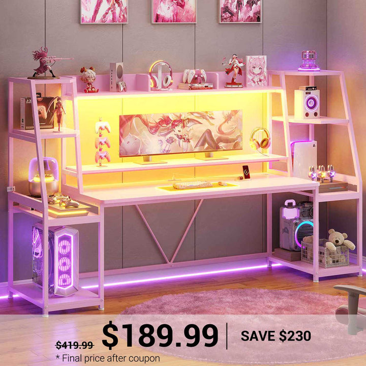 SEDETA 78.8 Inch Gaming Desk  with LED Lights Hutch Storage Shelves