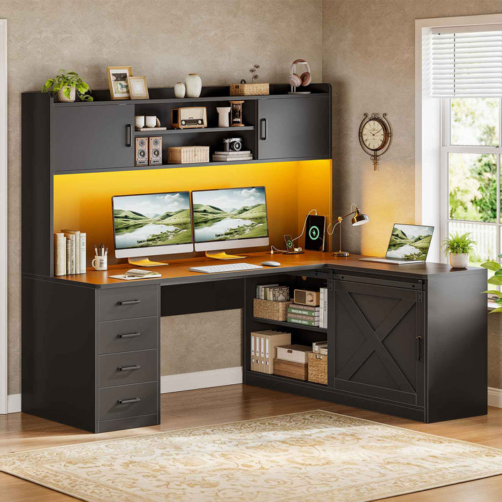 SEDETA® 55 Inch Corner Gaming Desk with LED Light Computer Desk with Storage Shelves and Power Outlet Farmhouse L Shaped Office Desk with Drawers and Hutch