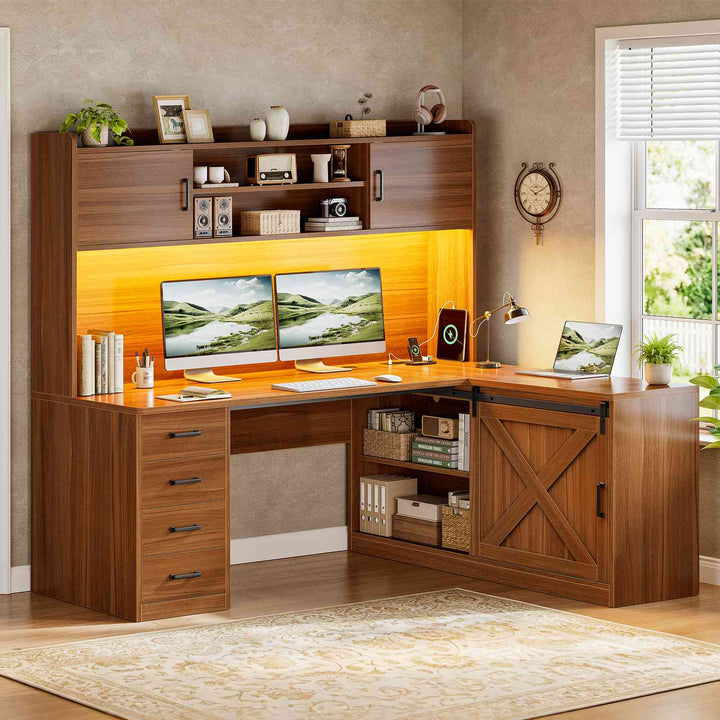 SEDETA® 55 Inch Corner Gaming Desk with LED Light Computer Desk with Storage Shelves and Power Outlet Farmhouse L Shaped Office Desk with Drawers and Hutch