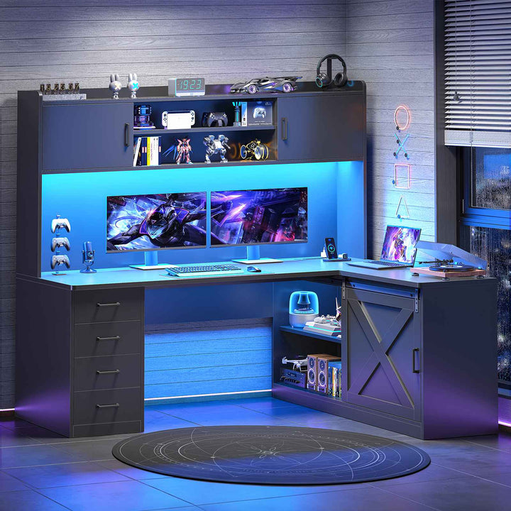 SEDETA® 55 Inch Corner Gaming Desk with LED Light Computer Desk with Storage Shelves and Power Outlet Farmhouse L Shaped Office Desk with Drawers and Hutch
