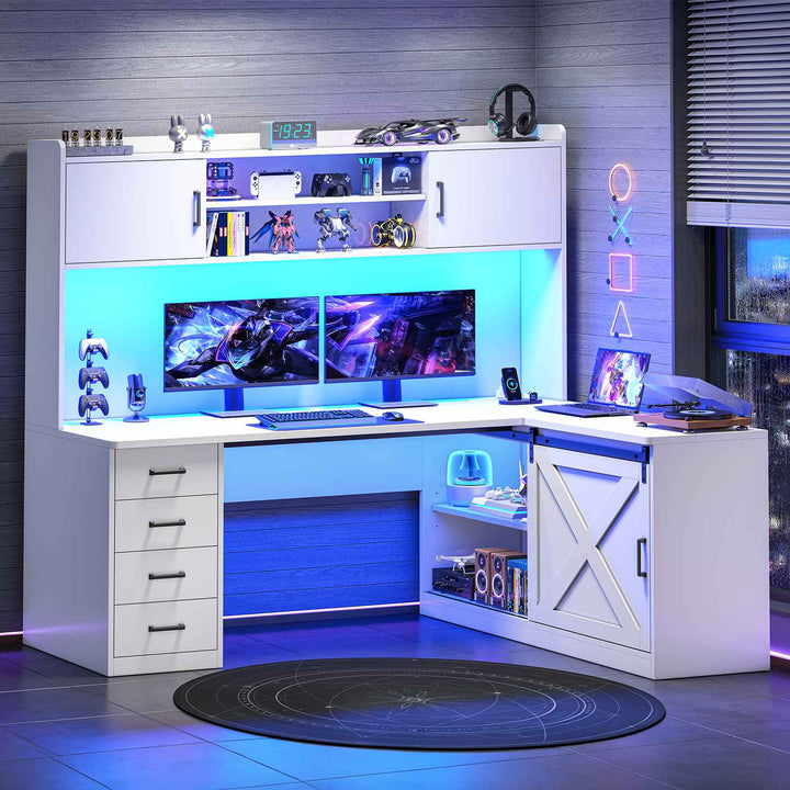 SEDETA® 55 Inch Corner Gaming Desk with LED Light Computer Desk with Storage Shelves and Power Outlet Farmhouse L Shaped Office Desk with Drawers and Hutch