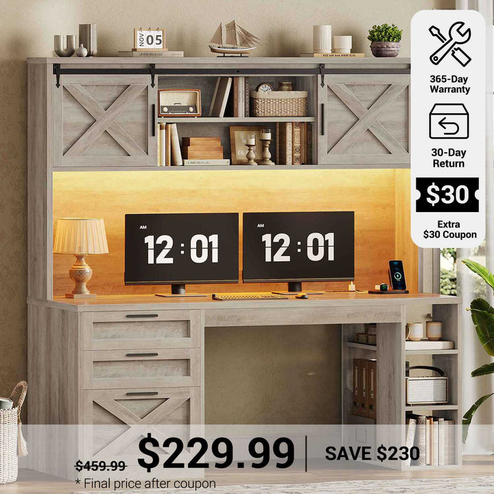 SEDETA® 55.1 Inch Farmhouse Desk with 3 Drawers LED Lights Office Desk with Hutch Executive Computer Desk with Storage Cabinet and Shelves Wood Home Office Desk with Power Outlet