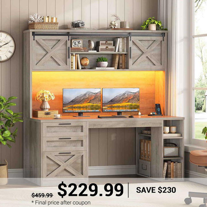 SEDETA | 55.1 Inch Executive Computer Desk with Storage Cabinet and Shelves Farmhouse Desk with 3 Drawers LED Lights Office Desk with Hutch Wood Home Office Desk with Power Outlet