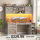 SEDETA | 55.1 Inch Executive Computer Desk with Storage Cabinet and Shelves Farmhouse Desk with 3 Drawers LED Lights Office Desk with Hutch Wood Home Office Desk with Power Outlet