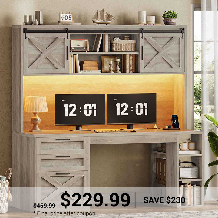 SEDETA | 55.1 Inch Executive Computer Desk with Storage Cabinet and Shelves Farmhouse Desk with 3 Drawers LED Lights Office Desk with Hutch Wood Home Office Desk with Power Outlet