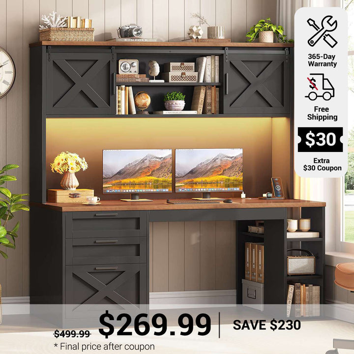 SEDETA 55.1 Inch Farmhouse Desk with Hutch Office Desk with 3 Drawers Executive Computer Desk with Storage Cabinet and Shelves Wood Home Office Desk with Power Outlet LED Lights