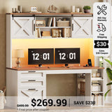 SEDETA 55.1 Inch Farmhouse Desk with Hutch Office Desk with 3 Drawers Executive Computer Desk with Storage Cabinet and Shelves Wood Home Office Desk with Power Outlet LED Lights