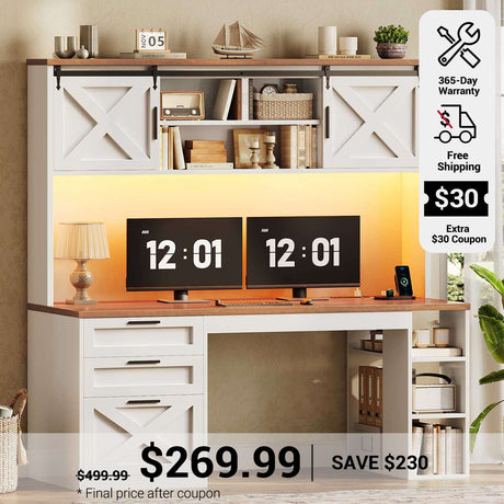 SEDETA 55.1 Inch Farmhouse Desk with Hutch Office Desk with 3 Drawers Executive Computer Desk with Storage Cabinet and Shelves Wood Home Office Desk with Power Outlet LED Lights