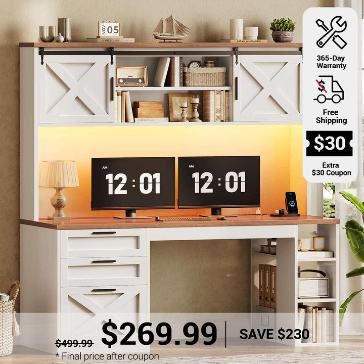 SEDETA 55.1 Inch Farmhouse Desk with Hutch Office Desk with 3 Drawers Executive Computer Desk with Storage Cabinet and Shelves Wood Home Office Desk with Power Outlet LED Lights
