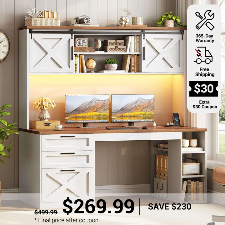 SEDETA 55.1 Inch Farmhouse Desk with Hutch Office Desk with 3 Drawers Executive Computer Desk with Storage Cabinet and Shelves Wood Home Office Desk with Power Outlet LED Lights