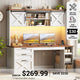 SEDETA 55.1 Inch Farmhouse Desk with Hutch Office Desk with 3 Drawers Executive Computer Desk with Storage Cabinet and Shelves Wood Home Office Desk with Power Outlet LED Lights