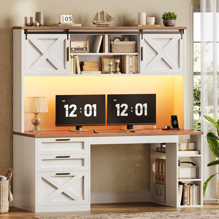 SEDETA | 55.1 Inch Executive Computer Desk with Storage Cabinet and Shelves Farmhouse Desk with 3 Drawers LED Lights Office Desk with Hutch Wood Home Office Desk with Power Outlet