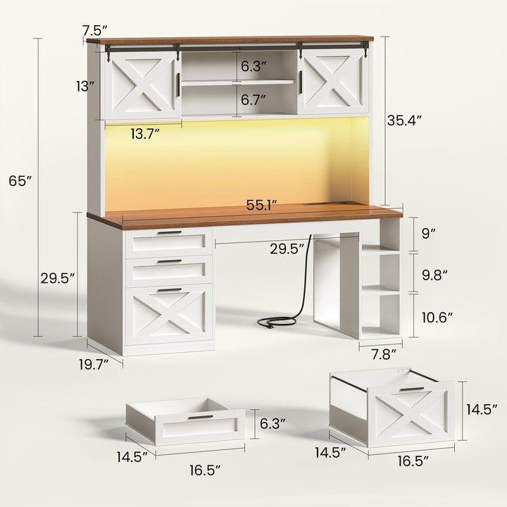 SEDETA | 55.1 Inch Executive Computer Desk with Storage Cabinet and Shelves Farmhouse Desk with 3 Drawers LED Lights Office Desk with Hutch Wood Home Office Desk with Power Outlet
