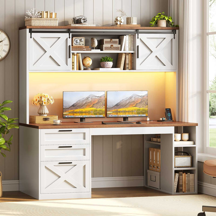 SEDETA | 55.1 Inch Executive Computer Desk with Storage Cabinet and Shelves Farmhouse Desk with 3 Drawers LED Lights Office Desk with Hutch Wood Home Office Desk with Power Outlet