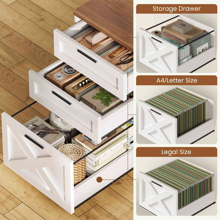 SEDETA | 55.1 Inch Executive Computer Desk with Storage Cabinet and Shelves Farmhouse Desk with 3 Drawers LED Lights Office Desk with Hutch Wood Home Office Desk with Power Outlet