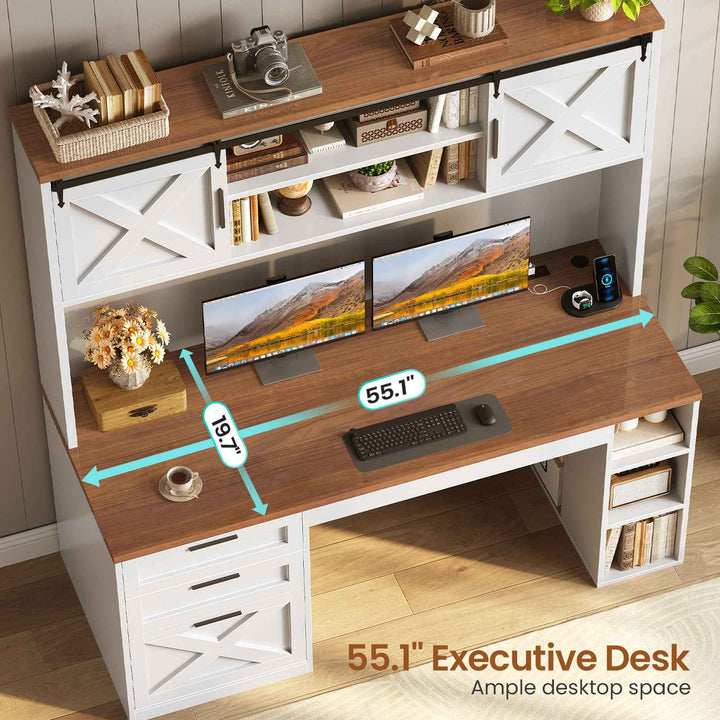 SEDETA | 55.1 Inch Executive Computer Desk with Storage Cabinet and Shelves Farmhouse Desk with 3 Drawers LED Lights Office Desk with Hutch Wood Home Office Desk with Power Outlet