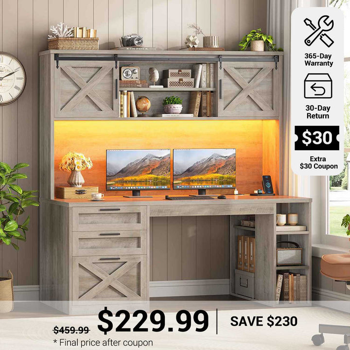 SEDETA® 55.1 Inch Farmhouse Desk with 3 Drawers LED Lights Office Desk with Hutch Executive Computer Desk with Storage Cabinet and Shelves Wood Home Office Desk with Power Outlet
