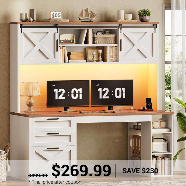 SEDETA 55.1 Inch Farmhouse Desk with Hutch Office Desk with 3 Drawers Executive Computer Desk with Storage Cabinet and Shelves Wood Home Office Desk with Power Outlet LED Lights