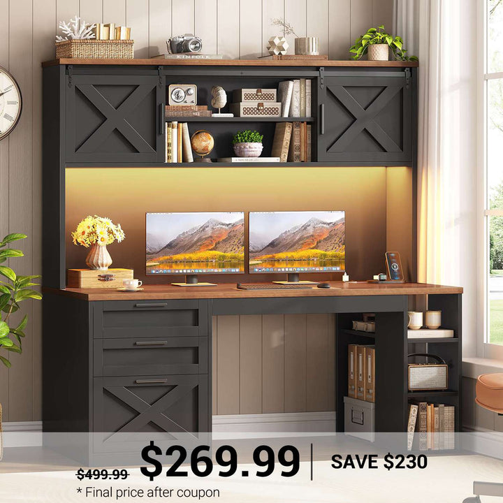 SEDETA 55.1 Inch Farmhouse Desk with Hutch Office Desk with 3 Drawers Executive Computer Desk with Storage Cabinet and Shelves Wood Home Office Desk with Power Outlet LED Lights
