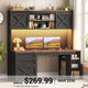 SEDETA 55.1 Inch Farmhouse Desk with Hutch Office Desk with 3 Drawers Executive Computer Desk with Storage Cabinet and Shelves Wood Home Office Desk with Power Outlet LED Lights