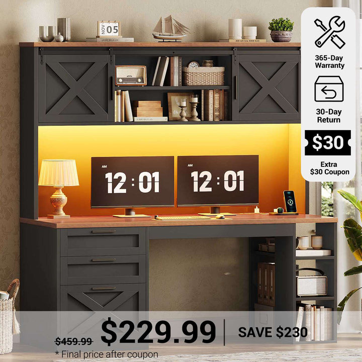SEDETA® 55.1 Inch Farmhouse Desk with 3 Drawers LED Lights Office Desk with Hutch Executive Computer Desk with Storage Cabinet and Shelves Wood Home Office Desk with Power Outlet