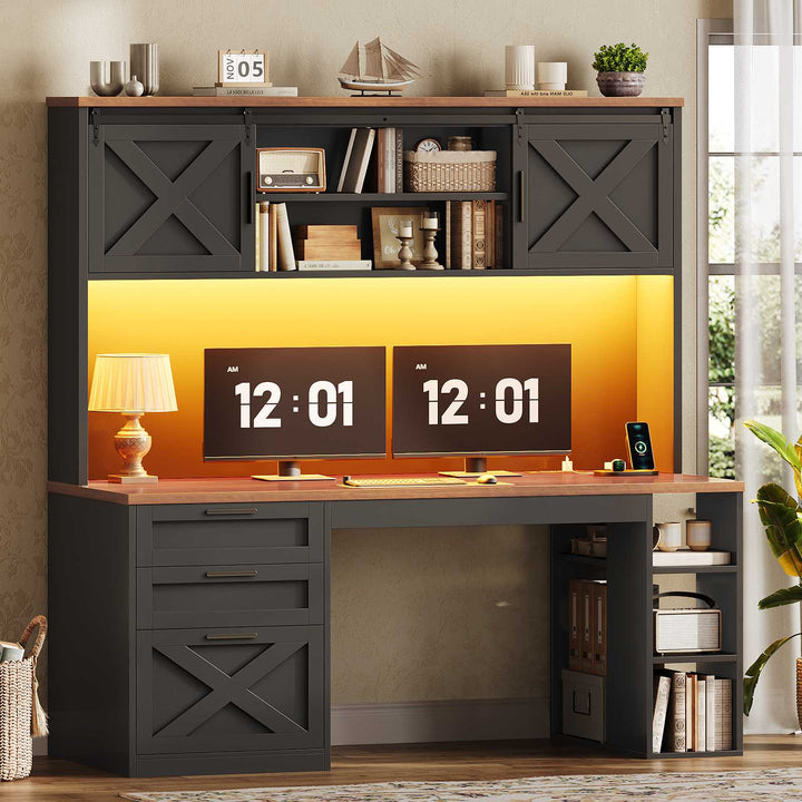 SEDETA | 55.1 Inch Executive Computer Desk with Storage Cabinet and Shelves Farmhouse Desk with 3 Drawers LED Lights Office Desk with Hutch Wood Home Office Desk with Power Outlet