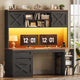 SEDETA | 55.1 Inch Executive Computer Desk with Storage Cabinet and Shelves Farmhouse Desk with 3 Drawers LED Lights Office Desk with Hutch Wood Home Office Desk with Power Outlet