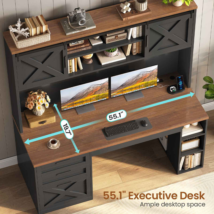 SEDETA | 55.1 Inch Executive Computer Desk with Storage Cabinet and Shelves Farmhouse Desk with 3 Drawers LED Lights Office Desk with Hutch Wood Home Office Desk with Power Outlet