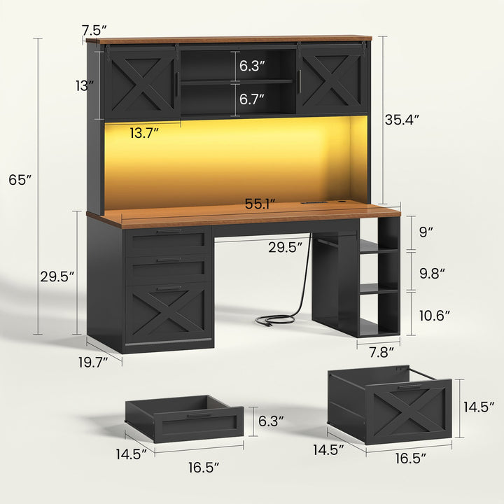 SEDETA | 55.1 Inch Executive Computer Desk with Storage Cabinet and Shelves Farmhouse Desk with 3 Drawers LED Lights Office Desk with Hutch Wood Home Office Desk with Power Outlet