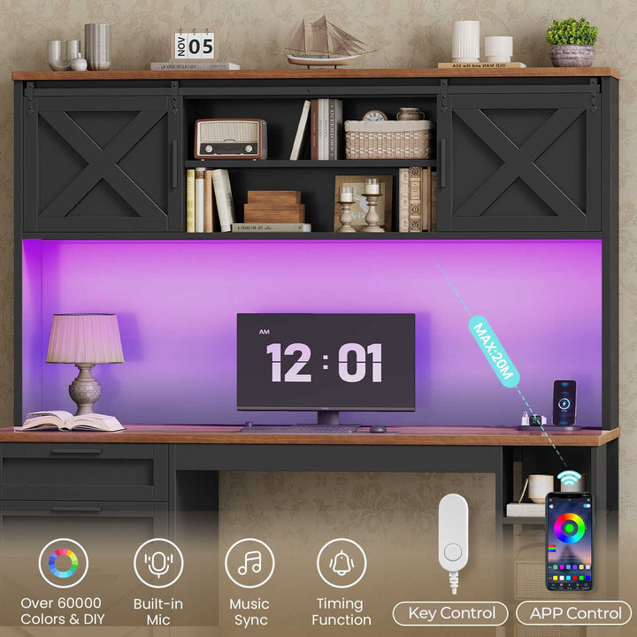 SEDETA | 55.1 Inch Executive Computer Desk with Storage Cabinet and Shelves Farmhouse Desk with 3 Drawers LED Lights Office Desk with Hutch Wood Home Office Desk with Power Outlet