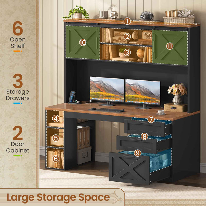 SEDETA | 55.1 Inch Executive Computer Desk with Storage Cabinet and Shelves Farmhouse Desk with 3 Drawers LED Lights Office Desk with Hutch Wood Home Office Desk with Power Outlet