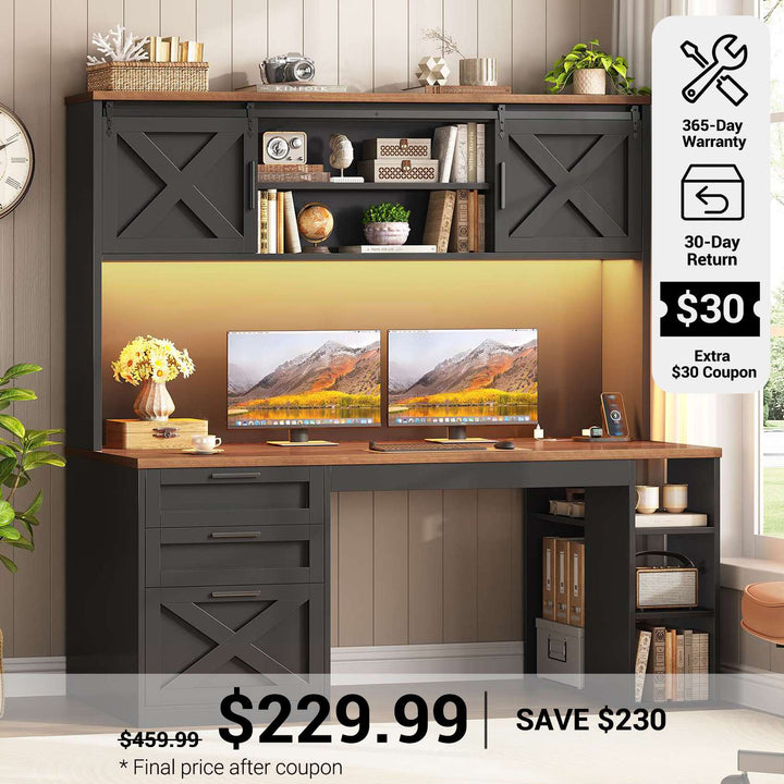 SEDETA® 55.1 Inch Farmhouse Desk with 3 Drawers LED Lights Office Desk with Hutch Executive Computer Desk with Storage Cabinet and Shelves Wood Home Office Desk with Power Outlet