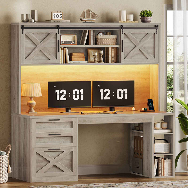 SEDETA | 55.1 Inch Executive Computer Desk with Storage Cabinet and Shelves Farmhouse Desk with 3 Drawers LED Lights Office Desk with Hutch Wood Home Office Desk with Power Outlet