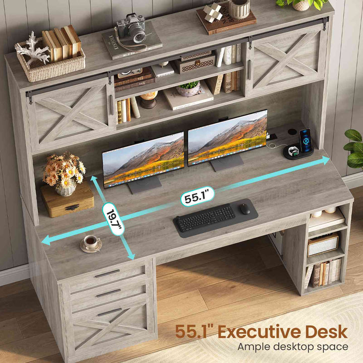 SEDETA | 55.1 Inch Executive Computer Desk with Storage Cabinet and Shelves Farmhouse Desk with 3 Drawers LED Lights Office Desk with Hutch Wood Home Office Desk with Power Outlet